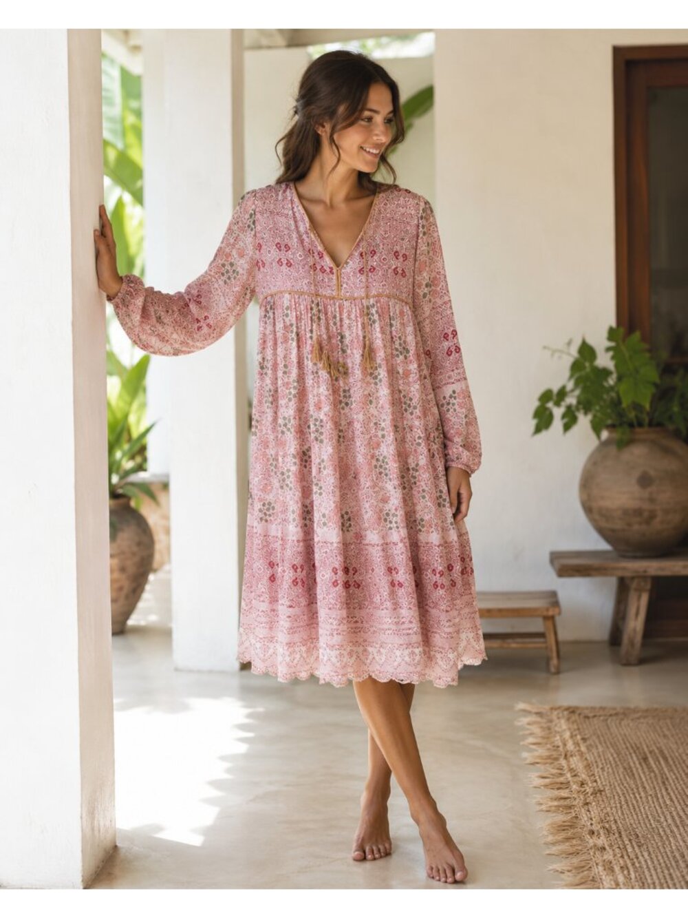 Matta NY Midi Dress Block Printed Floral Geometric Cotton S dusty rose